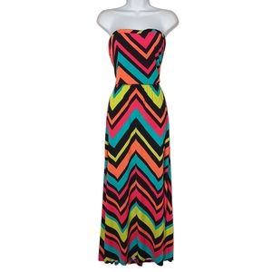 TOPIA Colorful Pink Orange Blue Black Chevron Stripe Print Strapless Maxi Dress
